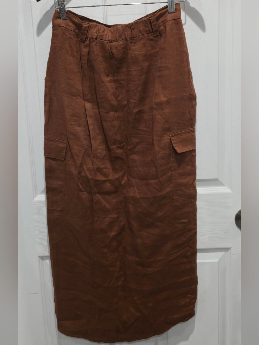 Magaschoni 100% Linen Cargo Midi Skirt Size 6 Rust Brown Utility Maxi Skirt - Picture 10 of 13